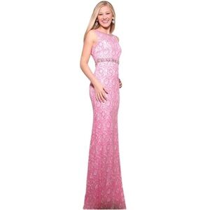Vienna Prom Pink w/Crystals Vienna 1034 Size 0 Long Lace Prom Dress Pageant Gown